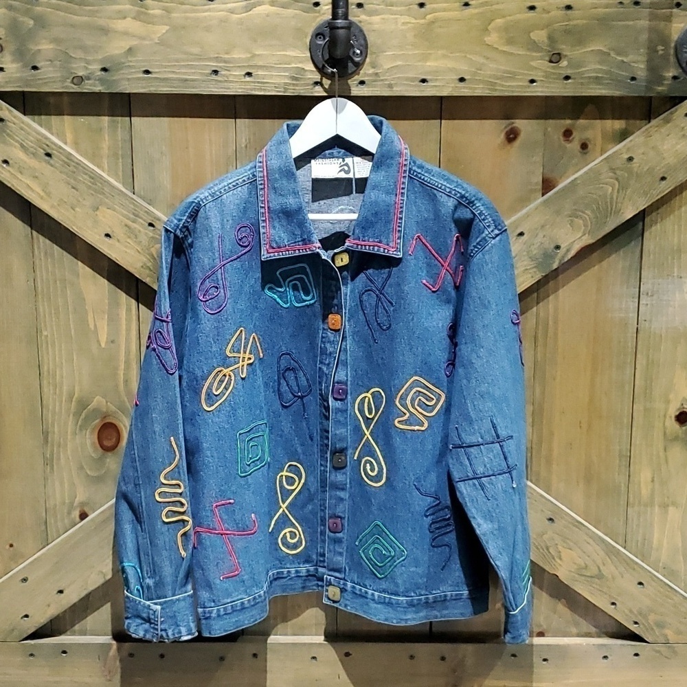VINTAGE JEAN DENIM SHACKET BUTTONDOWN SHIRT LARGE 80s 90s ART DECO EMBROIDERED